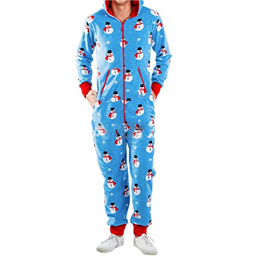 Darringls Herren Weihnachten Einteiler Schlafanzug Onesie Schlafoveralls Mit Kapuze & Reißverschluss Langarm Kuscheliger Strampler für Männer Schlafanzug Hausanzug Jumpsuit Sleepwear von Darringls