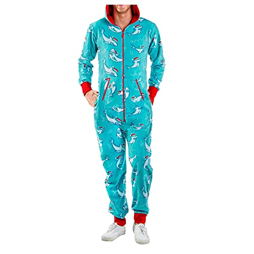 Darringls Herren Weihnachten Einteiler Schlafanzug Onesie Schlafoveralls Mit Kapuze & Reißverschluss Langarm Kuscheliger Strampler für Männer Schlafanzug Hausanzug Jumpsuit Sleepwear von Darringls