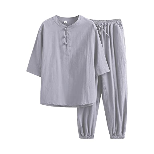 Darringls Kung Fu Herren Leinen Anzug Einfarbig 2 Teiliges Jacke und Hose Traditionelle Chinesische Kampfkunst Lange Ärmel Training Freizeit Kleidung Tai Chi Qigong Wing Chun Shaolin Wushu Uniform von Darringls