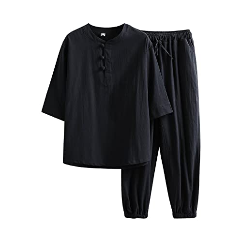 Darringls Kung Fu Herren Leinen Anzug Einfarbig Traditionelle Chinesische Kampfkunst Tai Chi Qigong Wing Chun Shaolin Wushu Lange Ärmel Training Freizeit Kleidung Uniform Jacke Hose von Darringls