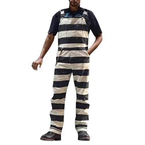 Darringls Latzhose Herren Arbeitshose,Baggy Herren Latzhose mit Hosenträgern Gestreifte Arbeitshosen Männer Baumwolle Hose mit Schrägen Taschen Overall Jumpsuit Herren Streetwear von Darringls