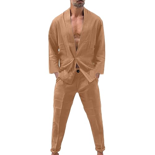 Darringls Leinen Freizeitanzug Herren Leinenanzug Herren Strickjacke Lange Hose Zweiteiliges Set für Urlaub Baumwolle und Leinen Hausanzug Jogginganzug Yoga Anzug von Darringls