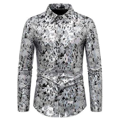 Darringls Metall Hemd Herren Glänzende Flangarmhemd Elegant Business Herrenhemd Metallische Schlangenmuster Hemd Knopfleiste Bequem Langarmhemd Herbst Business Shirt Kent Kragen Businesshemd von Darringls