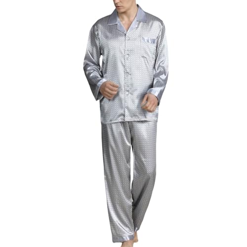 Darringls Schlafanzug Herren Lang Satin Pyjama Set Männer Hausanzug Sleepwear Loungewear Zweiteiliger Langarm Ärmel Knopfleiste Hausanzug Und Pyjamahose Seidenpyjama Nachtwäsche von Darringls