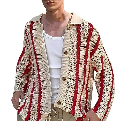 Darringls Strickjacke Herren Stricken Cardigan Gestreift Slim Fit Mantel Herbst Und Frühling Übergangsjacke Button Down Sommerjacke Outdoor Wanderjacke Stricken Sweatjacke von Darringls