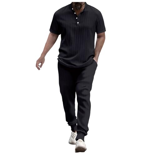 Darringls Trainingsanzug Herren Slim Fit 2 Teilig Set Henley Shirt und Hose Einfarbig Sommer Sportanzug Lässig Jogginganzug Outdoor Trekkinganzug Casual Freizeitanzug Leicht Atmungsaktiv Strandanzug von Darringls