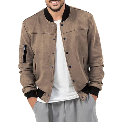 Darringls Wildleder Übergangsjacke Herren Pilotenjacke Windbreaker Männer-Jacke in Wildleder-Optik Button Down Baseballjacke Stehkragen Freizeitjacke Herbst Outdoorjacke von Darringls