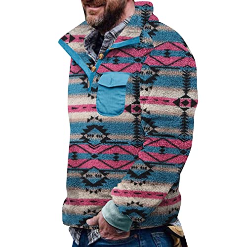 Herren Aztec Fleece Pullover Fuzzy Sherpa Fleecejacke Kunstfell Doppelseitige Wolle Jacke Button down Sweatshirt Warm Vintage Sweatpullover mit Tasche für Männer von Darringls