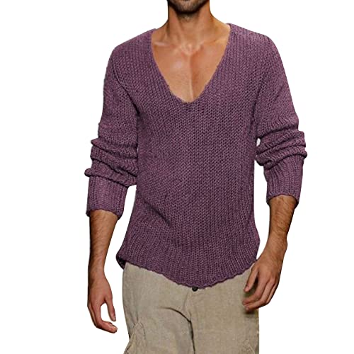 Herren Pullover Zerrissen Männer Langarm Tiefer V-Ausschnitt Solide Strick Frühling Herbst Pullover Männer Pullover Langarm Strickpullover Locker Autumn Winter Pulli Basic Freizeit Warm Sweater von Darringls