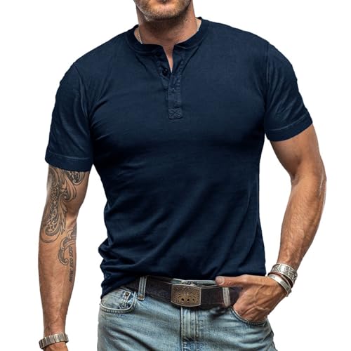 Herren Slub Henley T-Shirt Kurz Ärmel Leicht Entspannt Passen Beiläufig mit 3 Knöpfen Knopfleiste Rundhals Hemden von Darringls