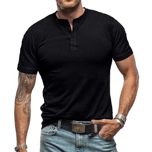 Herren Slub Henley T-Shirt Kurz Ärmel Leicht Entspannt Passen Beiläufig mit 3 Knöpfen Knopfleiste Rundhals Hemden von Darringls