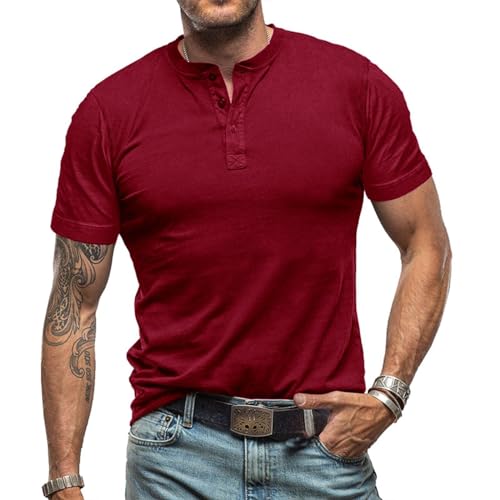 Herren Slub Henley T-Shirt Kurz Ärmel Leicht Entspannt Passen Beiläufig mit 3 Knöpfen Knopfleiste Rundhals Hemden von Darringls