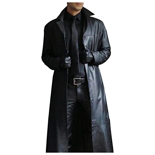 Ledermantel Herren Lang Leder Trenchcoat Schwarz Mittelalter Windbreaker Zweireiher Mantel Steampunk Vintage Gothic Jacke Männer Slim Fit Revers Lederjacke Einfarbig Long Leather Jacket von Darringls