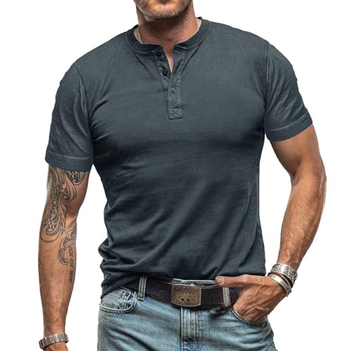 T-Shirt Herren Henley Beiläufig Kurzarm T-Shirt Single Taste Knopfleiste Einfacher V-Ausschnitt Hemden Baumwolle Hemden mit 3 Knöpfen Knopfleiste Rundhals Hemden von Darringls
