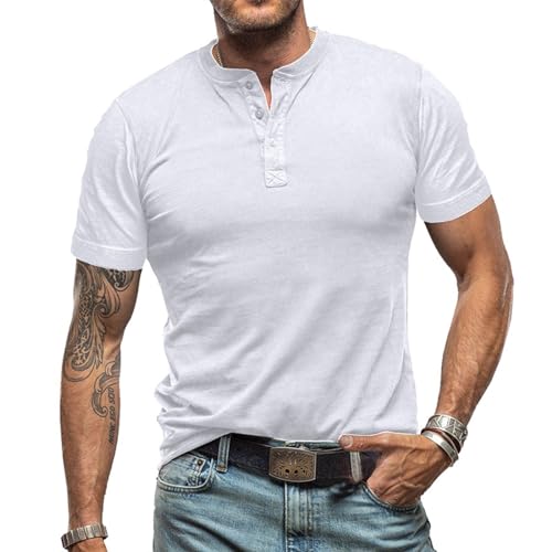 T-Shirt Herren Henley Beiläufig Kurzarm T-Shirt Single Taste Knopfleiste Einfacher V-Ausschnitt Hemden Baumwolle von Darringls