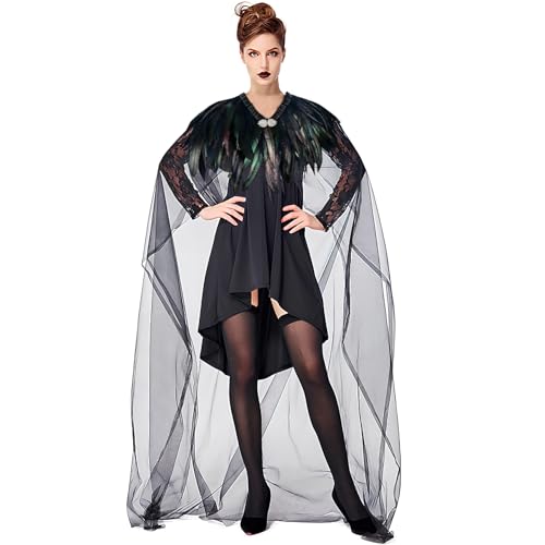 Darryy Federumhang, Netzumhang mit Federkragen, Gothic Feder Umhang Feder Kostüm, Geeignet für Halloween, Karneval, Rollenspiele und Partys (schwarz) von Darryy