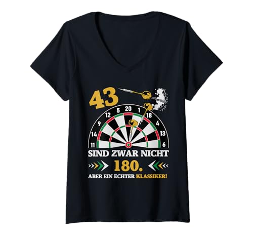 Damen Darts 43 sind zwar nicht 180 Klassiker Geburtstag Dart T-Shirt mit V-Ausschnitt von Dart Dartspieler Geburtstagsgeschenk 43 Jahre alt