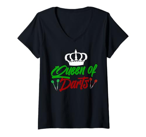 Damen Lustige Dartkönigin Spielerin Kneipenliga Turnier T-Shirt mit V-Ausschnitt von Dart Turnier Wurfspiel Kneipen Humor
