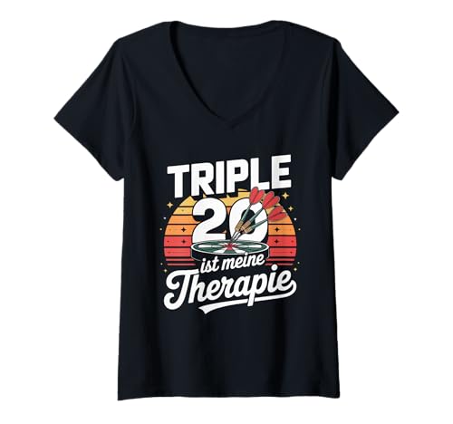 Damen Triple 20 Ist Meine Therapie Darts Abenteuer T-Shirt mit V-Ausschnitt von Darts Leidenschaft Spaß Turnier Hobby Freunde