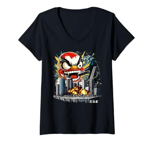 Damen Lustiges Daruma Kaiju Monster Japanisch T-Shirt mit V-Ausschnitt von Daruma Kaiju Monster Clothing