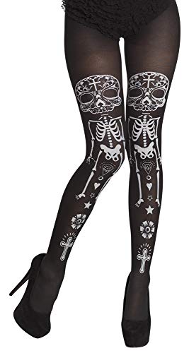 Damen Strumpfhose Day of the Dead - Schwarz/Weiß - Tolles Accessoire Totenkopf Knochen Skelett Skull Halloween Fasching Mottoparty von Das Kostümland