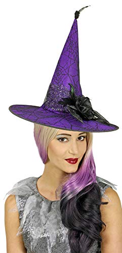 Hexenhut Soluna mit Spinnennetz Blume Feder - Lila Schwarz - Schöner Spitzhut zum Hexenkostüm Halloween Karneval Walpurgisnacht von Das Kostümland