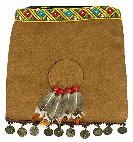 Das Kostümland Indianer Handtasche mit Federn und Münzen - Braun - Umhängetasche Wilder Westen Karneval Mottoparty Indianerinkostüm von Das Kostümland