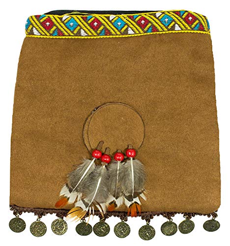Das Kostümland Indianer-Handtasche mit Federn und Münzen - Braun - Umhängetasche für Erwachsene, Wilder Westen Karneval Mottoparty Indianerinkostüm von Das Kostümland