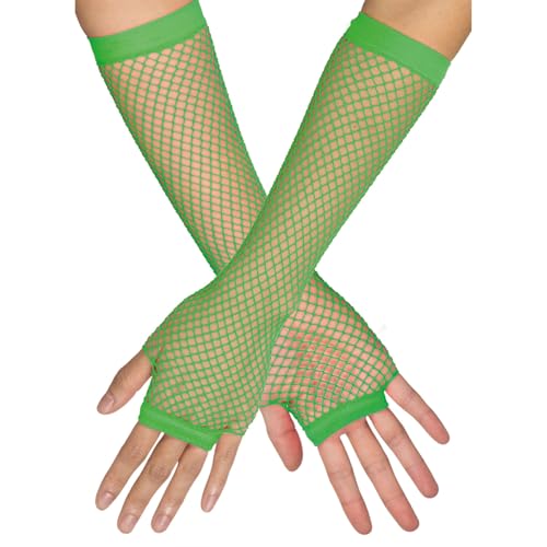 Lange Fingerlose Netzhandschuhe "New York" | Neon Grün - Fischnetz Damen Armstulpen Zubehör Mottoparty Halloween Karneval Elegant Gloves Theater Festival von Das Kostümland