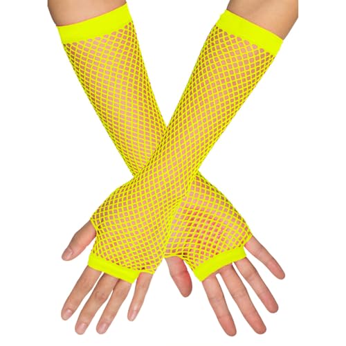 Lange Fingerlose Netzhandschuhe "New York" | Neon Gelb - Fischnetz Damen Armstulpen Zubehör Mottoparty Halloween Karneval Elegant Gloves Theater Festival von Das Kostümland