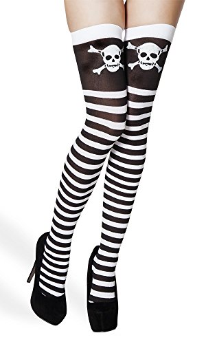 Halterlose Strümpfe Pirat für Damen - Schwarz Weiß mit Totenkopf von Das Kostümland
