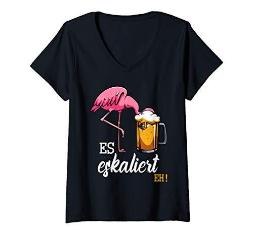 Damen Es Eskaliert Eh Flamingo Bier Disko Festival Party Lustig T-Shirt mit V-Ausschnitt Damen Es Eskaliert Eh Flamingo Bier Disko Festival Party Lustig T-Shirt mit V-Ausschnitt von Lustige Alkohol Bier Liebhaber Geschenkidee