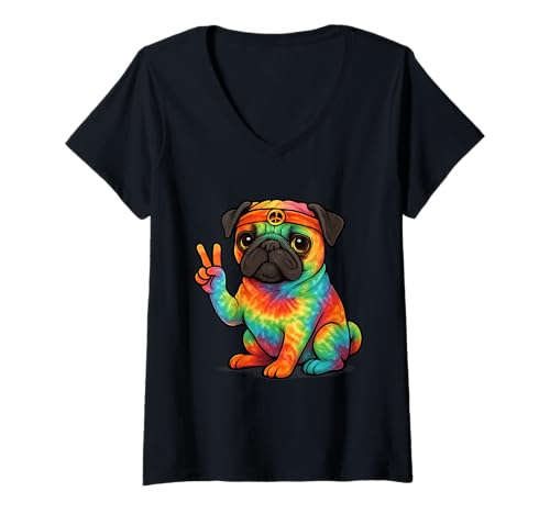 Damen Lustiger Hippie Mops Hund T-Shirt mit V-Ausschnitt von Das Thema Hippie Party Outfits der 70er Jahre