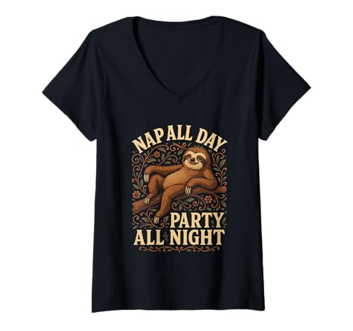 Damen Nap All Day Party All Night Faulenzen, Faulheit Faultier T-Shirt mit V-Ausschnitt Damen Nap All Day Party All Night Faulenzen, Faulheit Faultier T-Shirt mit V-Ausschnitt von Das entspannte Faultier