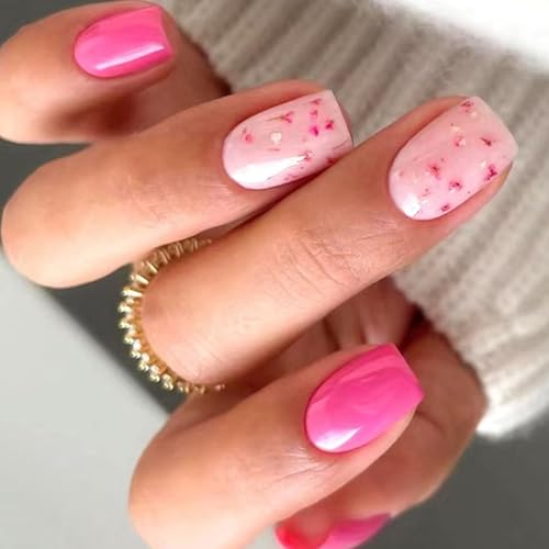 24 Stück kurze quadratische Nägel zum Aufdrücken, Acryl, künstliches glänzendes Finish mit Blumen-Design, für modische Frauen, zum Aufkleben auf Nägel von Dasbsug