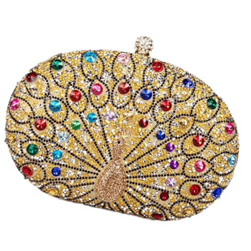 Dasbsug Elegante Handtasche mit Pfauen-Strasssteinen für Damen, Abendtasche, Umhängetasche, Crossbody-Tasche für Ausgehen und Empfänge, modische Damentasche, gold, One Size von Dasbsug