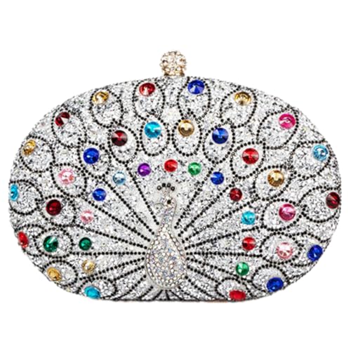 Dasbsug Elegante Handtasche mit Pfauen-Strasssteinen für Damen, Abendtasche, Umhängetasche, Crossbody-Tasche für Ausgehen und Empfänge, modische Damentasche, silber, One Size von Dasbsug