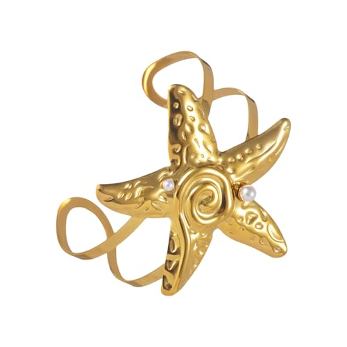 Dasbsug Elegante Strand-inspirierte offene Manschette mit Seestern-Muschel aus Edelstahl, Schmuck, Geschenk, Handgelenk-Accessoire, rostfreies Marine-inspiriertes Armband, Einheitsgröße, Wie von Dasbsug
