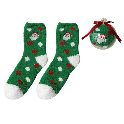 Dasbsug Korallen-Fleece-Hausschuh-Socken mit runden Bällen in Geschenkbox für Damen, dicke Thermo-Strumpfwaren, Weihnachts-Slipper, Gebogener grüner Weihnachtsmann C, Einheitsgröße von Dasbsug
