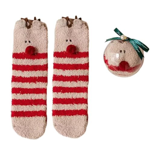 Dasbsug Korallen-Fleece-Hausschuh-Socken mit runden Bällen in Geschenkbox für Damen, dicke Thermo-Strumpfwaren, Weihnachts-Slipper, Gestreifter Elch, Einheitsgröße von Dasbsug