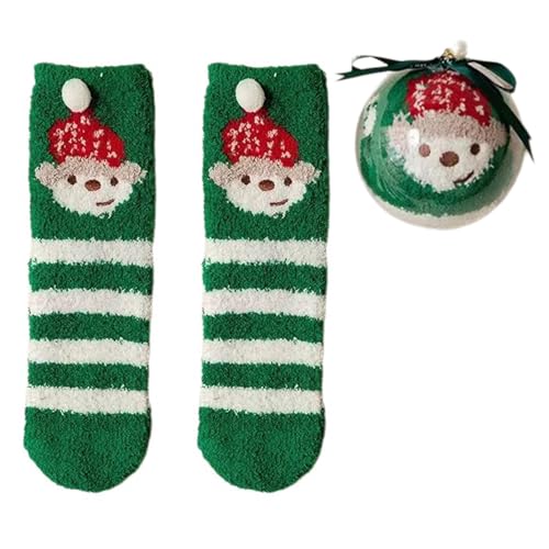 Dasbsug Korallen-Fleece-Hausschuh-Socken mit runden Bällen in Geschenkbox für Damen, dicke Thermo-Strumpfwaren, Weihnachts-Slipper, Grün gestreifte Mütze Be, Einheitsgröße von Dasbsug