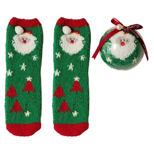 Dasbsug Korallen-Fleece-Hausschuh-Socken mit runden Bällen in Geschenkbox für Damen, dicke Thermo-Strumpfwaren, Weihnachts-Slipper, Grüner Weihnachtsmann, Einheitsgröße von Dasbsug