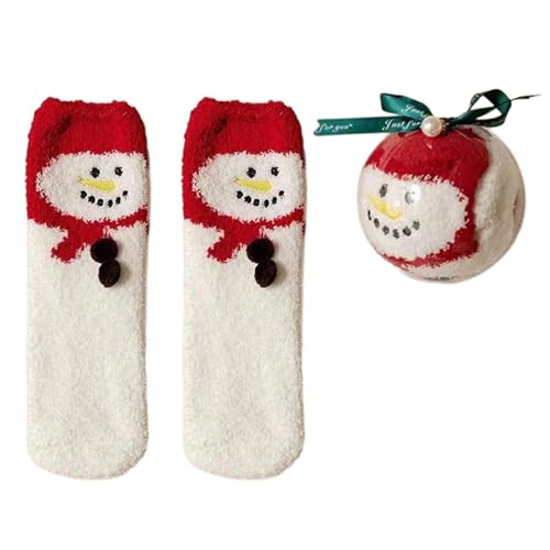 Dasbsug Korallen-Fleece-Hausschuh-Socken mit runden Bällen in Geschenkbox für Damen, dicke Thermo-Strumpfwaren, Weihnachts-Slipper, Roter Schneemann auf Weiß, Einheitsgröße von Dasbsug