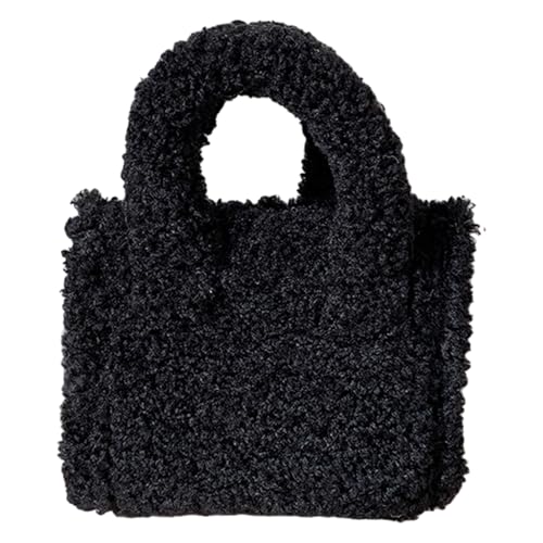 Dasbsug Mehrzweck-Schultertasche mit Tragegriff oben und verstellbarem Riemen, für Herbst und Winter, Kunst-Lammwolle, Fleece, kleine Handtasche, lässige Schultertasche, Schwarz , One Size von Dasbsug