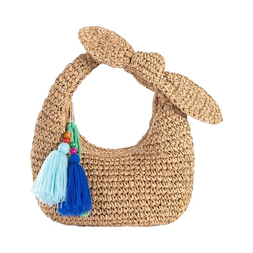 Dasbsug Modische gewebte Strohtasche, kompakte Handtasche mit Schleifen, Dekor, Urlaubs-Geldbörse für Strand, Hochzeiten, Partys und den täglichen Gebrauch, Stroh-Handtasche mit geräumigem Innenraum von Dasbsug