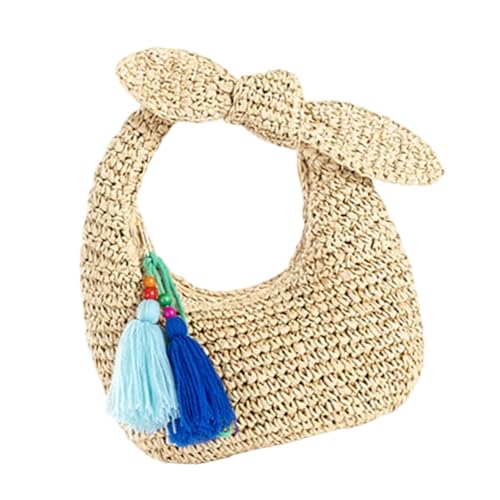 Dasbsug Modische gewebte Strohtasche, kompakte Handtasche mit Schleifen, Dekor, Urlaubs-Geldbörse für Strand, Hochzeiten, Partys und den täglichen Gebrauch, Stroh-Handtasche mit geräumigem Innenraum von Dasbsug