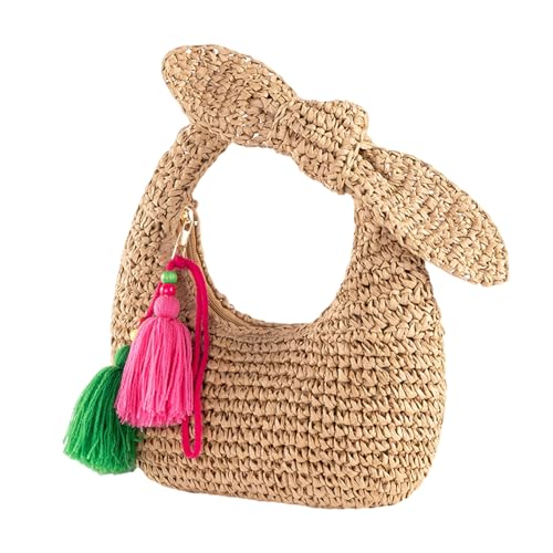 Dasbsug Modische gewebte Strohtasche, kompakte Handtasche mit Schleifen, Dekor, Urlaubs-Geldbörse für Strand, Hochzeiten, Partys und den täglichen Gebrauch, Stroh-Handtasche mit geräumigem Innenraum von Dasbsug