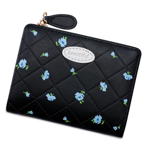 Dasbsug Schöne Geldbörse mit Blumendruck, kurze Geldbörse, Kartenetui, PU-Leder, Münze, einfach mit Halter für den täglichen Gebrauch, schöne kurze Blumendruck-Münze, Bifold Case, Schwarz , Mass von Dasbsug