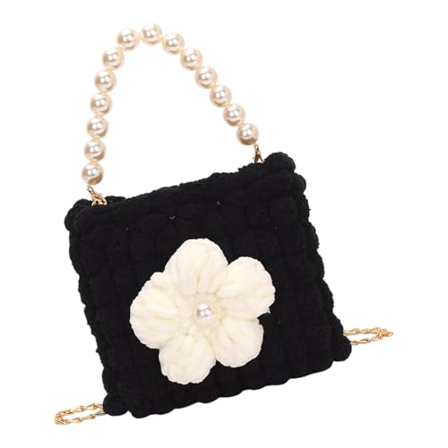Dasbsug Schultertasche, weich, wolkenähnlich, gestrickt, cremefarben, Puff-Blume, leicht, freundlich, Umhängetasche, Abendtasche, gehäkelte Puff-Blume, Schwarz , One Size von Dasbsug