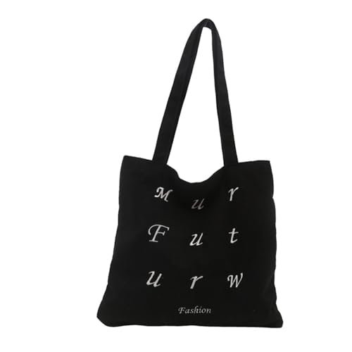 Dasbsug Stilvolle Cord-Handtasche mit großem Fassungsvermögen für Studentinnen und Pendler, modische Buchstaben, bestickt, Schultertasche, Umhängetasche, Schwarz , One Size von Dasbsug